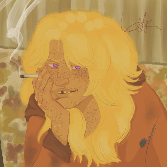 digital drawing depicting fan art of a young adult kenny mccormick. he has long blond hair, an old orange hoodie, and is smoking. the background is an old living room.